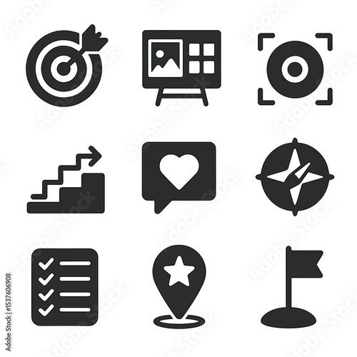 Goal-Setting Icons Grid. Solid, filled icons set of goal-setting and planning: target icon, vision board,