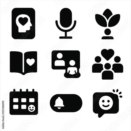 Digital Mental Health Icons. Solid, filled icons set of digital mental health resources: mental health app,