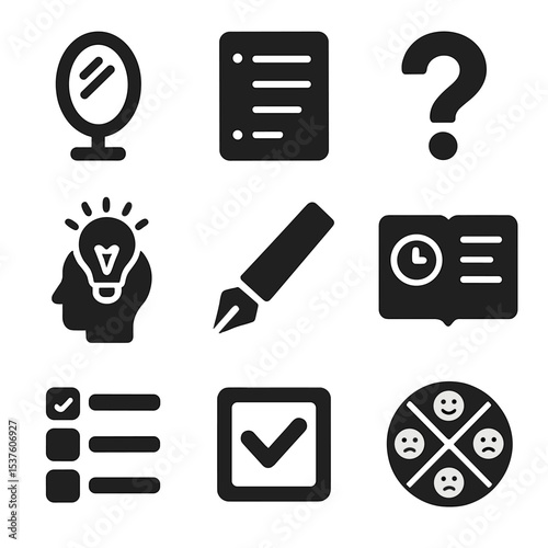 Self-Reflection Icons Grid. Solid, filled icons set of self-reflection prompts: mirror symbol, notebook page,