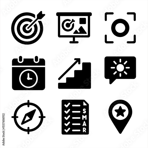 Goal-Setting Icons Grid. Solid, filled icons set of goal-setting and planning: target icon, vision board,
