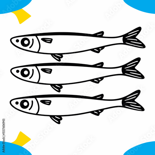 Three Simple Line Drawing Anchovies Illustration