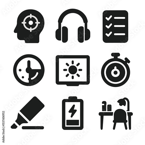 Focus Boosting Icons. Solid, filled icons set of focus and attention boosters: concentration icon,