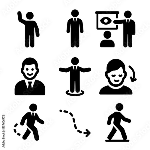 Body Language Icons. Solid, filled icons set of body language in presentations: hand gesture, upright posture,