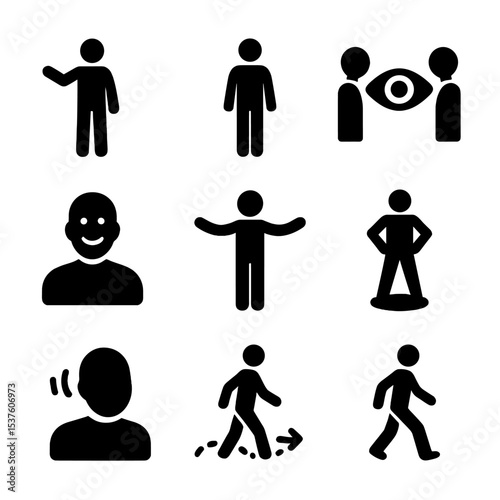 Body Language Icons. Solid, filled icons set of body language in presentations: hand gesture, upright posture,