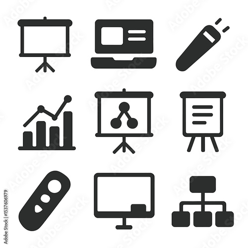 Visual Aids Icons. Solid, filled icons set of visual aids for presenting: projector screen, slide deck, laser