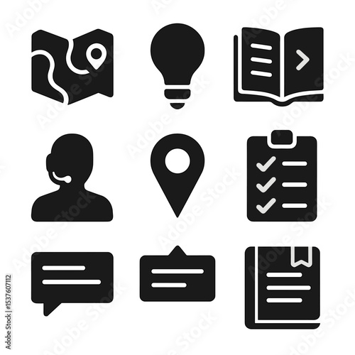 Game Assistance Icons. Solid, filled icons set of in-game assistance tools: map overlay, hint icon, tutorial