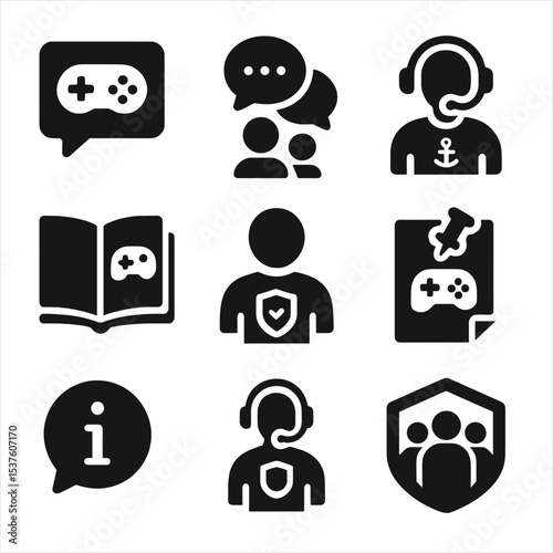 Gamer Support Icons. Solid, filled icons set of community support for gamers: forum icon, group chat, support