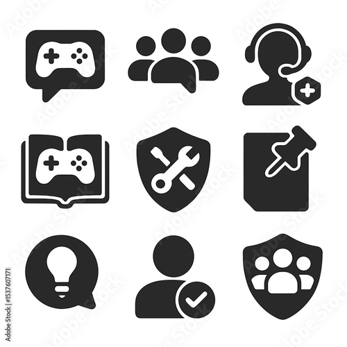 Gamer Support Icons. Solid, filled icons set of community support for gamers: forum icon, group chat, support