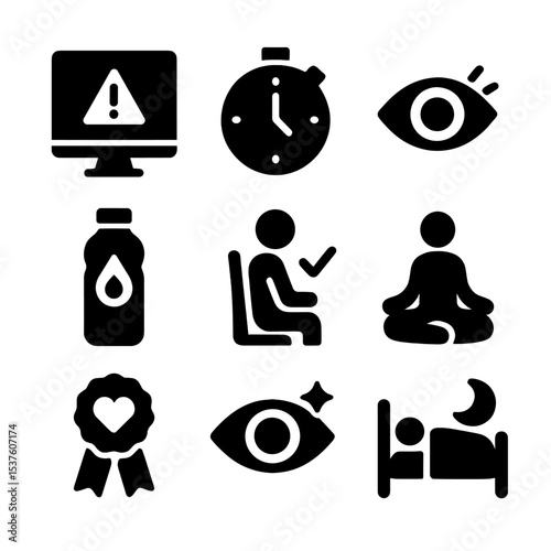 Gaming Wellness Icons. Solid, filled icons set of gaming wellness support: screen time alert, break timer,