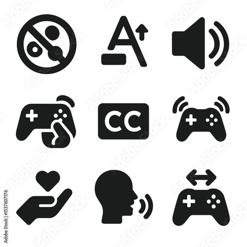 Gaming Accessibility Icons. Solid, filled icons set of accessibility features for gamers: colorblind mode,
