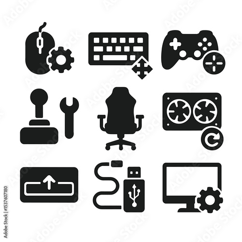 Gamer Hardware Icons. Solid, filled icons set of gamer hardware support: mouse settings, keyboard layout,