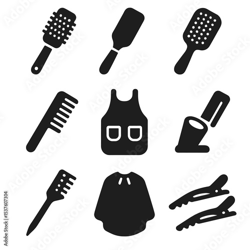 Salon Tools Icons. Solid, filled icons set of professional salon brushes: round thermal brush, ceramic brush,