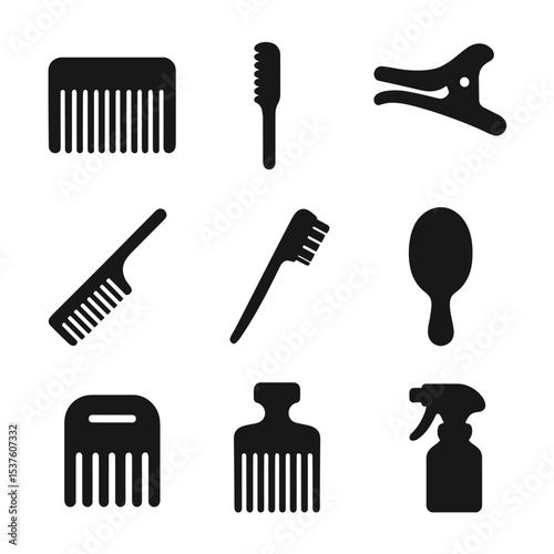 Hair Styling Tools. Solid, filled icons set of hair styling accessories: fine-tooth comb, teasing brush,