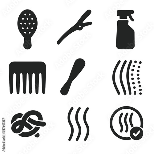 Detangling Tools Icons. Solid, filled icons set of detangling tools: detangler brush, sectioning clip,