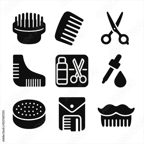 Beard Grooming Essentials. Solid, filled icons set of beard grooming combs: beard brush, wooden comb, trimming