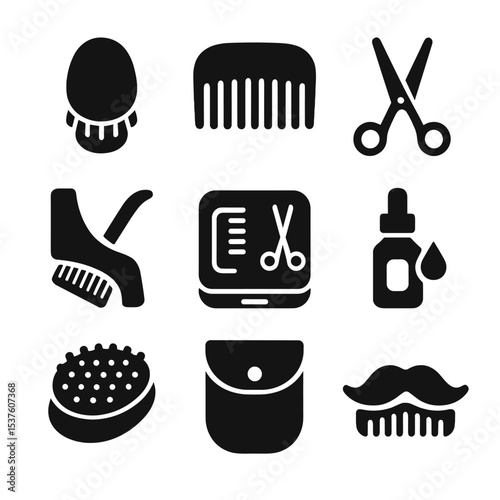 Beard Grooming Essentials. Solid, filled icons set of beard grooming combs: beard brush, wooden comb, trimming