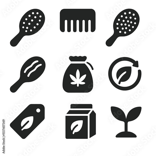 Eco Hairbrush Icon Set. Solid, filled icons set of eco-friendly hairbrushes: bamboo brush, wooden comb,