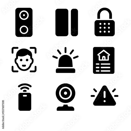 Smart Security Icons. Solid, filled icons set of smart security devices: doorbell cam, window sensor, smart