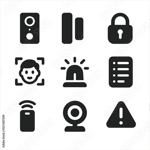 Smart Security Icons. Solid, filled icons set of smart security devices: doorbell cam, window sensor, smart