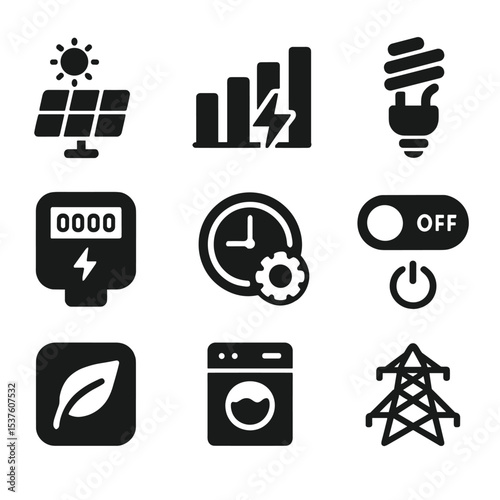 Energy Icons Grid. Solid, filled icons set of energy-saving automation: solar panel icon, usage chart,