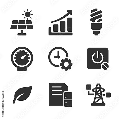 Energy Icons Grid. Solid, filled icons set of energy-saving automation: solar panel icon, usage chart,