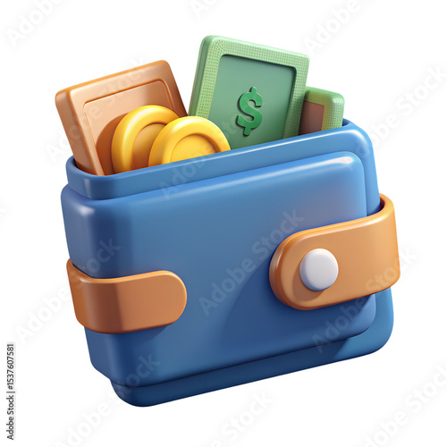 3D Render of a Blue Wallet with Cash and Coins Financial Savings and Wealth Concept