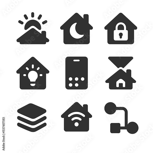 Home Automation Icons. Solid, filled icons set of home automation routines: morning scene, bedtime mode, away