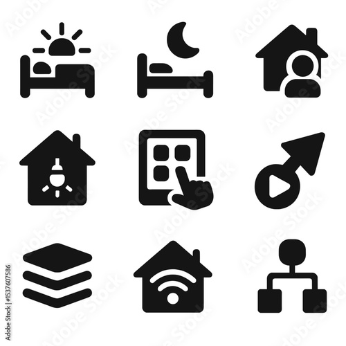 Home Automation Icons. Solid, filled icons set of home automation routines: morning scene, bedtime mode, away