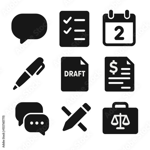 Contract Icon Set. Solid, filled icons set of contract negotiation tools: speech bubble, checklist icon,