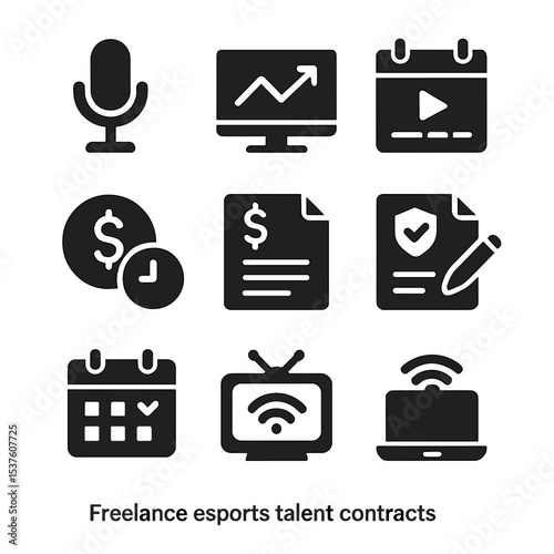 Freelance Esports Icons. Solid, filled icons set of freelance esports talent contracts: caster mic, analyst
