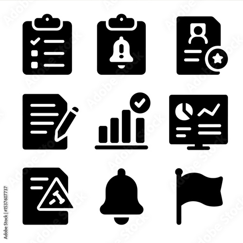 Contract Compliance Icons. Solid, filled icons set of contract compliance tracking: audit checklist, renewal