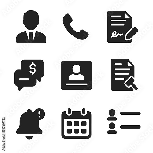 Player Agent Icons. Solid, filled icons set of player agent responsibilities: agent avatar, phone call icon,