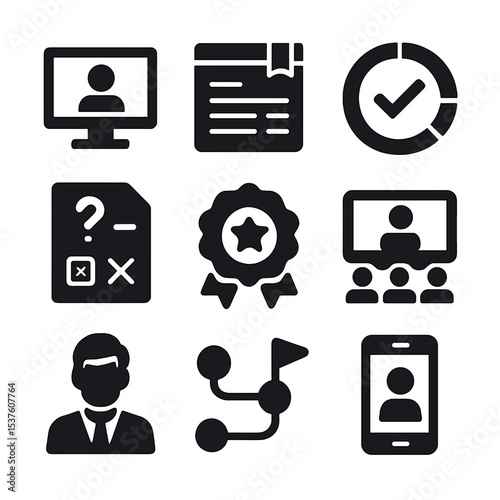 E-Learning Icons Grid. Solid, filled icons set of e-learning platforms: video lecture, course module, progress