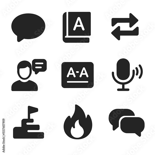 Language Learning Icons. Solid, filled icons set of language learning platforms: speech bubble, grammar book,