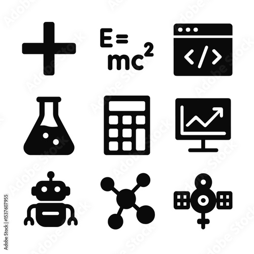 STEM Icons Grid. Solid, filled icons set of STEM e-learning courses: math symbol, physics formula, coding