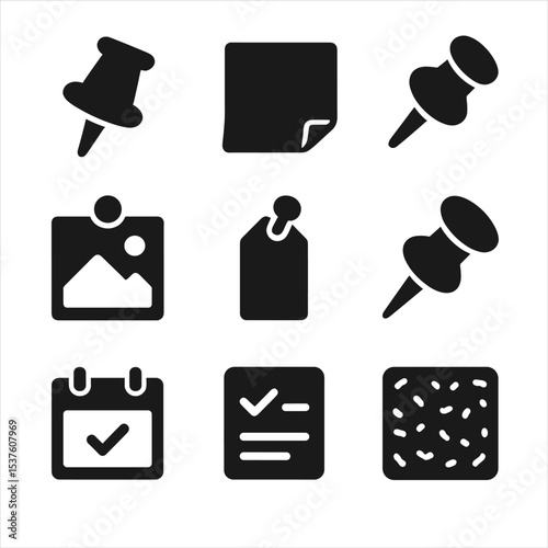 Corkboard Icons Collection. Solid, filled icons set of corkboard pin: push pin, sticky note, paper clip,