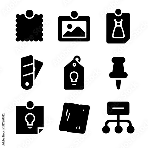 Mood Board Icons. Solid, filled icons set of creative mood board pins: fabric swatch, photo pin, design sketch