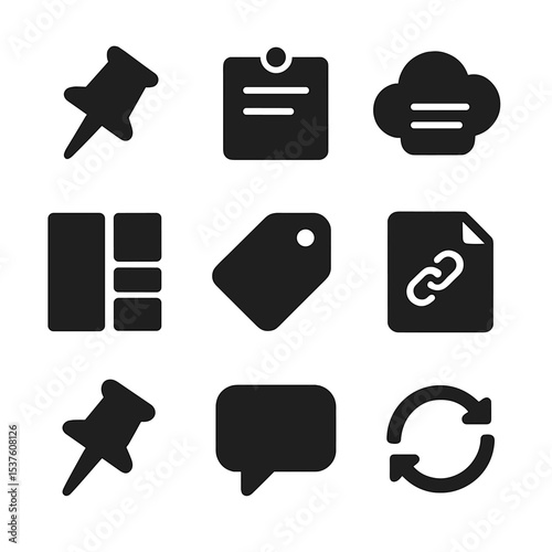 Digital Corkboard Icons. Solid, filled icons set of digital corkboard UI: virtual pin, draggable card, cloud