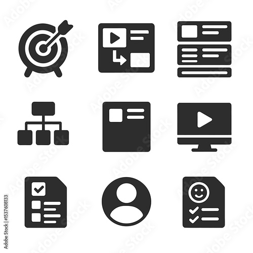 Instructional Design Icons. Solid, filled icons set of instructional design: learning objective, storyboard