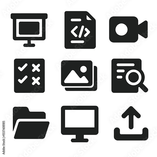 Content Tool Icons. Solid, filled icons set of content development tools: slide template, script editor, video
