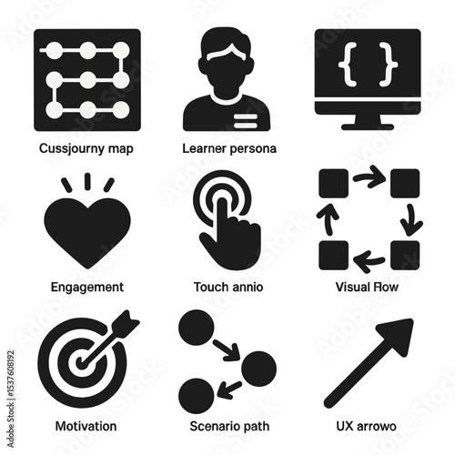 Modern Learning Icons Grid. Solid, filled icons set of learning experience design: user journey map, learner