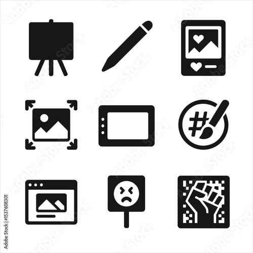 Digital Activism Icons. Solid, filled icons set of digital activism through art: digital canvas, stylus pen,