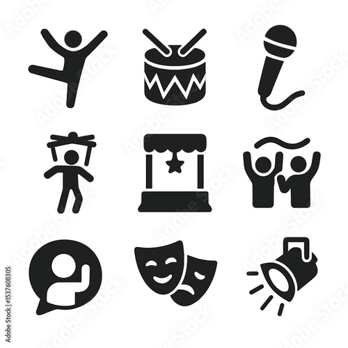 Protest Art Icons. Solid, filled icons set of performance art in protests: dancer pose, drum beat, spoken word