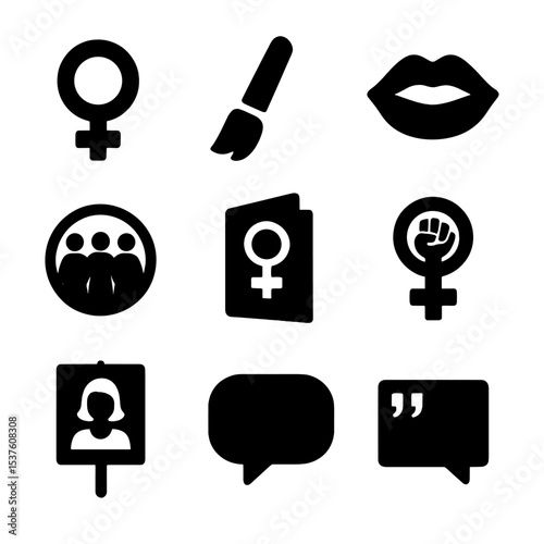Feminist Icon Collection. Solid, filled icons set of feminist art in activism: Venus symbol, pink brush,