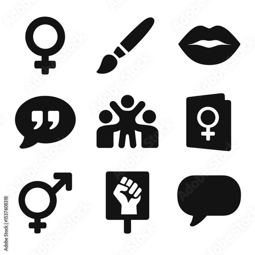 Feminist Icon Collection. Solid, filled icons set of feminist art in activism: Venus symbol, pink brush,