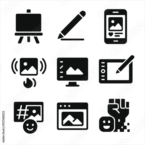 Digital Activism Icons. Solid, filled icons set of digital activism through art: digital canvas, stylus pen,