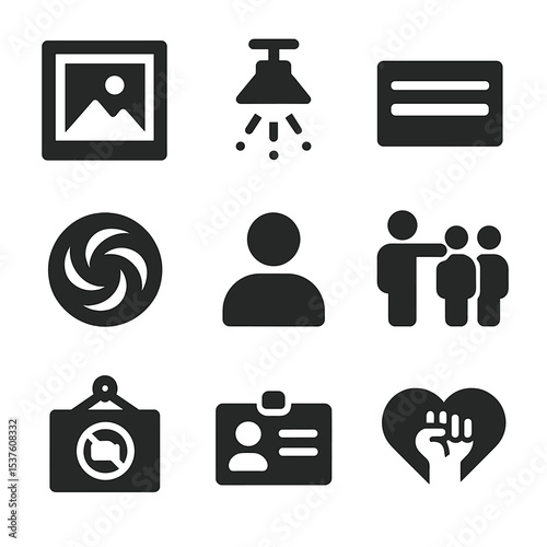 Gallery Icons Collection. Solid, filled icons set of gallery exhibitions for change: framed poster, gallery