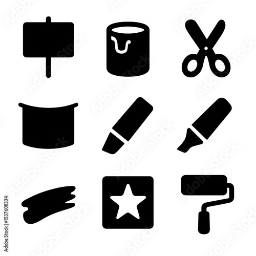 Protest Art Tools. Solid, filled icons set of protest art materials: cardboard sign, paint pot, scissors icon,