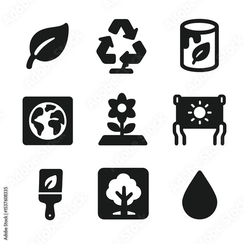 Environmental Art Icons. Solid, filled icons set of environmental art activism: green leaf icon, recycled