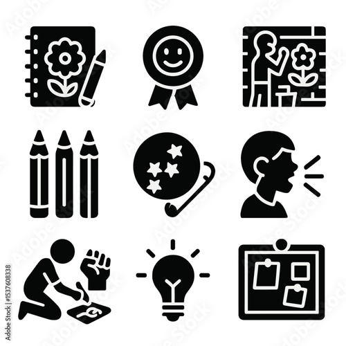 Youth Art Icons. Solid, filled icons set of youth art and activism: sketchpad icon, youth badge, school mural,